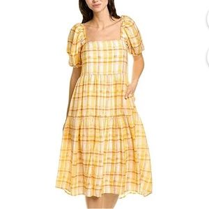 ASTR The Label llana Square Neck Open Back Yellow Puff Sleeve Midi Dress NWOT